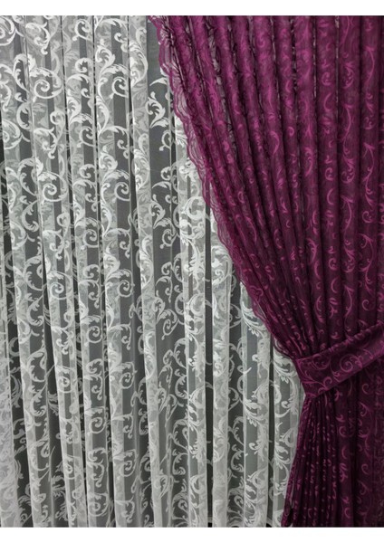 Tül Fon Perde 2 Kanat Tül Fon Perde Bağcıklı Model Sarmaşık Desen Mürdüm