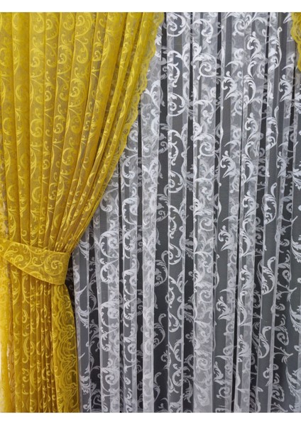 Tül Fon Perde 2 Kanat Tül Fon Perde Bağcıklı Model Sarmaşık Desen Sarı