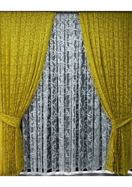 Tül Fon Perde 2 Kanat Tül Fon Perde Bağcıklı Model Sarmaşık Desen Sarı fiyatları