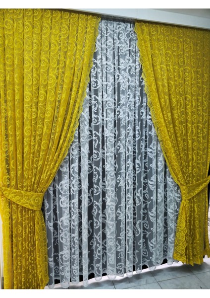 Tül Fon Perde 2 Kanat Tül Fon Perde Bağcıklı Model Sarmaşık Desen Sarı modelleri