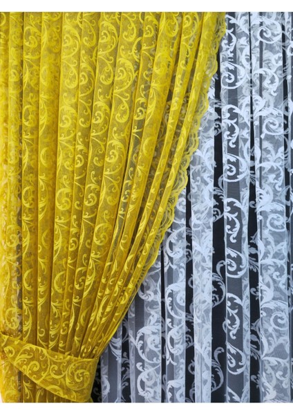Tül Fon Perde 2 Kanat Tül Fon Perde Bağcıklı Model Sarmaşık Desen Sarı fırsatları