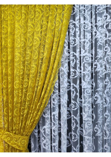 Tül Fon Perde 2 Kanat Tül Fon Perde Bağcıklı Model Sarmaşık Desen Sarı indirimleri