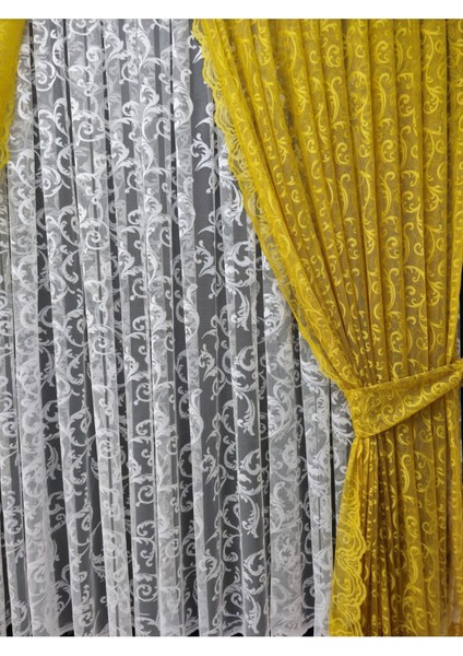Tül Fon Perde 2 Kanat Tül Fon Perde Bağcıklı Model Sarmaşık Desen Sarı