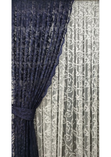 Tül Fon Perde 2 Kanat Tül Fon Perde Bağcıklı Model Sarmaşık Desen Koyu Lacivert