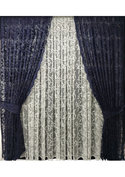 Tül Fon Perde 2 Kanat Tül Fon Perde Bağcıklı Model Sarmaşık Desen Koyu Lacivert fiyatları
