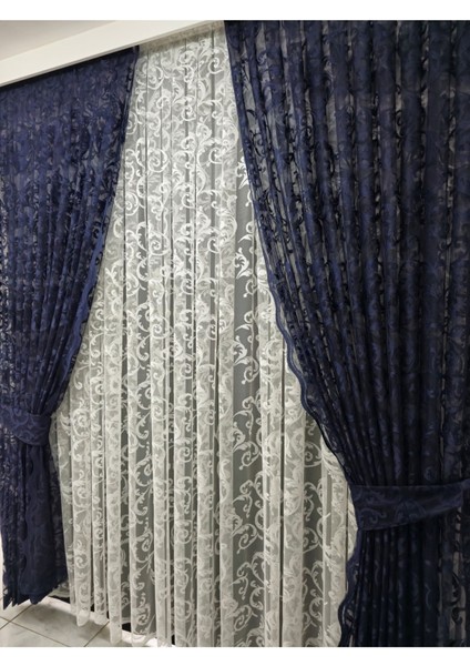 Tül Fon Perde 2 Kanat Tül Fon Perde Bağcıklı Model Sarmaşık Desen Koyu Lacivert indirimleri