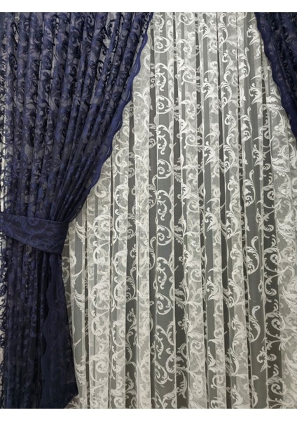 Tül Fon Perde 2 Kanat Tül Fon Perde Bağcıklı Model Sarmaşık Desen Koyu Lacivert