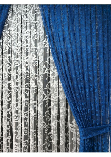 Tül Fon Perde 2 Kanat Tül Fon Perde Bağcıklı Model Sarmaşık Desen Koyu Mavi modelleri