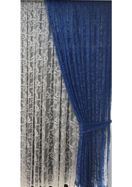 Tül Fon Perde 2 Kanat Tül Fon Perde Bağcıklı Model Sarmaşık Desen Koyu Mavi fırsatları