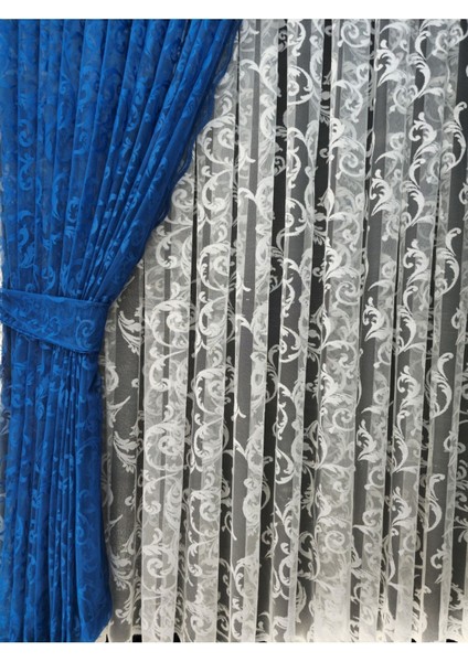 Tül Fon Perde 2 Kanat Tül Fon Perde Bağcıklı Model Sarmaşık Desen Koyu Mavi indirimleri
