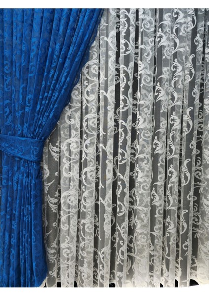 Tül Fon Perde 2 Kanat Tül Fon Perde Bağcıklı Model Sarmaşık Desen Koyu Mavi