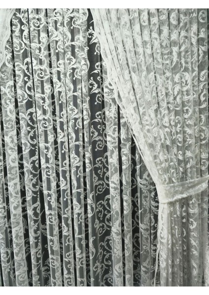 Tül Fon Perde 2 Kanat Tül Fon Perde Bağcıklı Model Sarmaşık Desen Beyaz modelleri