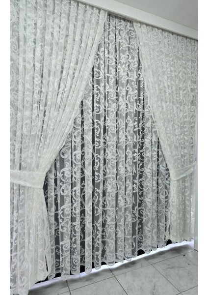 Tül Fon Perde 2 Kanat Tül Fon Perde Bağcıklı Model Sarmaşık Desen Beyaz