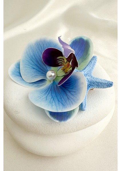 Mavi Inci Detay Orkide Saç Yan Toka(9cm)