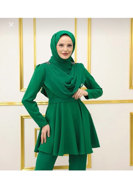 Zümrüt Yeşili Aplik Detay Pantolon Tunik Abiye Takım modelleri