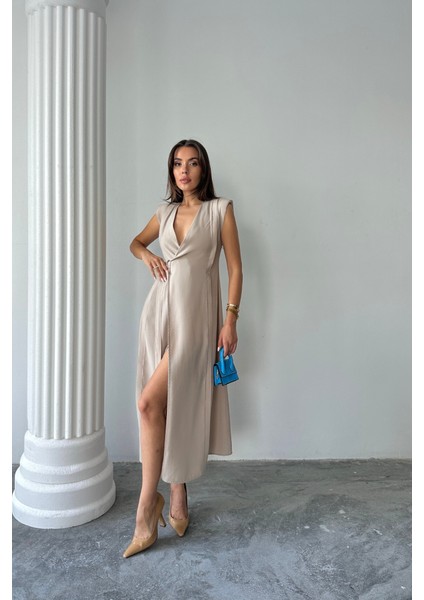Kruvaze Vatkalı Kolsuz Elbise Modal Kumaş - Bej S-Bej fırsatları