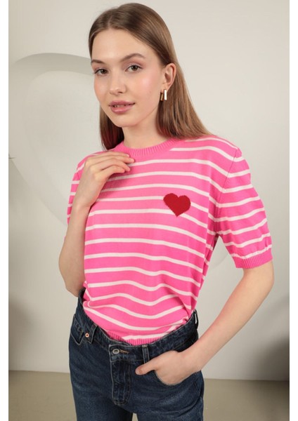 Triko Çizgili Kalp Desenli Kadın Kısa Kol Siyah Bluz Pembe - Standart
