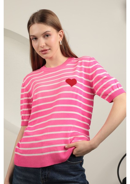 Triko Çizgili Kalp Desenli Kadın Kısa Kol Siyah Bluz Pembe - Standart fiyatları