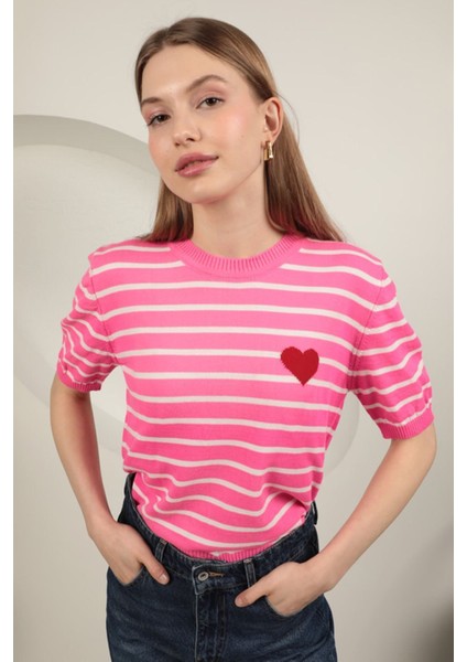 Triko Çizgili Kalp Desenli Kadın Kısa Kol Siyah Bluz Pembe - Standart modelleri