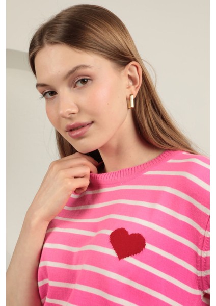 Triko Çizgili Kalp Desenli Kadın Kısa Kol Siyah Bluz Pembe - Standart fırsatları