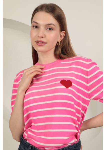 Triko Çizgili Kalp Desenli Kadın Kısa Kol Siyah Bluz Pembe - Standart indirimleri