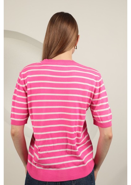 Triko Çizgili Kalp Desenli Kadın Kısa Kol Siyah Bluz Pembe - Standart