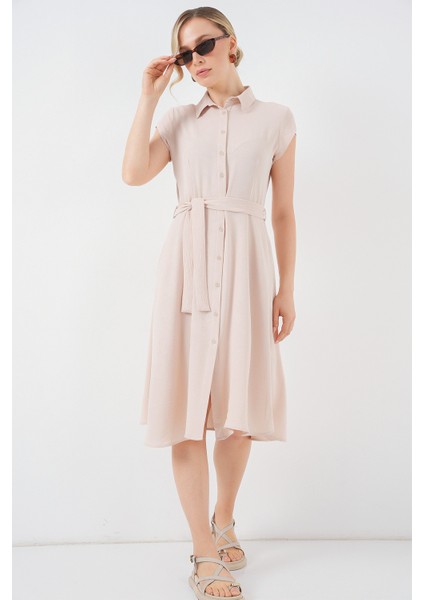 1677 Boydan Düğmeli Kuşaklı Elbise - Krem fiyatları