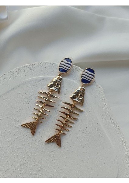 Gold Mavi Detaylı Balık Küpe