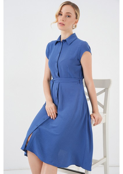 1677 Boydan Düğmeli Kuşaklı Elbise - Indigo