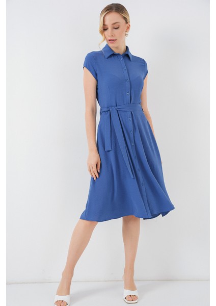 1677 Boydan Düğmeli Kuşaklı Elbise - Indigo fiyatları