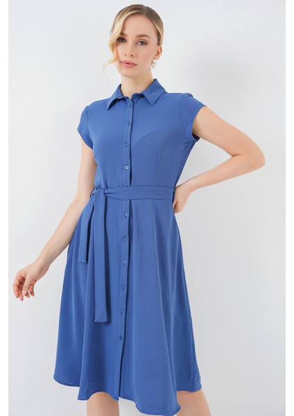 1677 Boydan Düğmeli Kuşaklı Elbise - Indigo modelleri