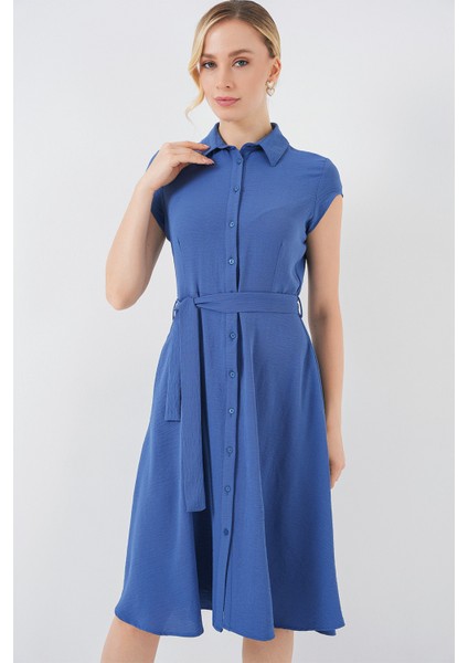 1677 Boydan Düğmeli Kuşaklı Elbise - Indigo fırsatları