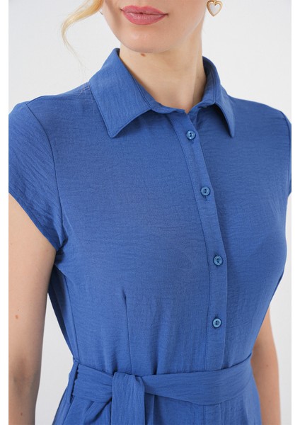 1677 Boydan Düğmeli Kuşaklı Elbise - Indigo indirimleri