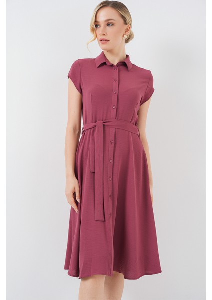 1677 Boydan Düğmeli Kuşaklı Elbise - Gül Kurusu