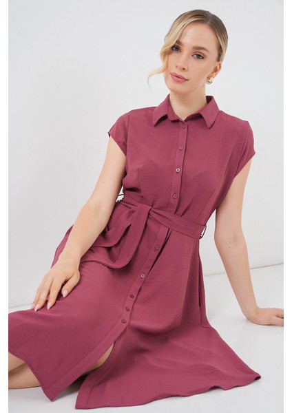 1677 Boydan Düğmeli Kuşaklı Elbise - Gül Kurusu fiyatları