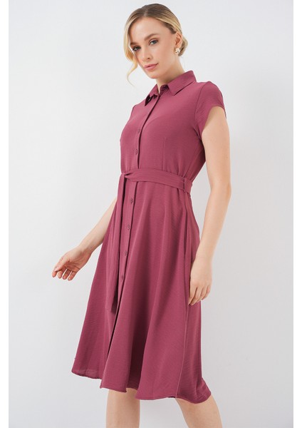 1677 Boydan Düğmeli Kuşaklı Elbise - Gül Kurusu fırsatları