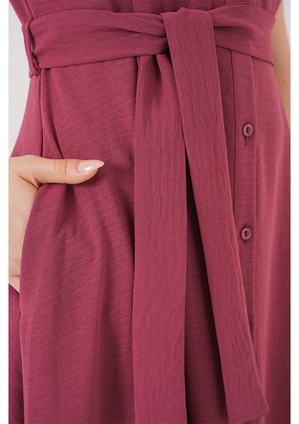 1677 Boydan Düğmeli Kuşaklı Elbise - Gül Kurusu indirimleri