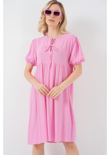 Kadın Bağcıklı Midi Elbise 2575 - Pembe