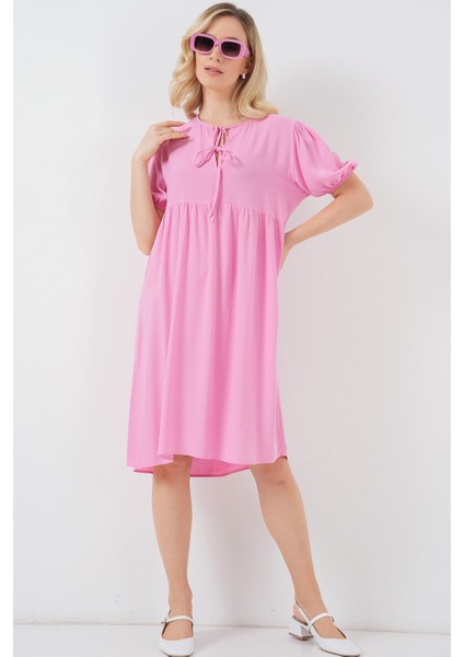 Kadın Bağcıklı Midi Elbise 2575 - Pembe modelleri