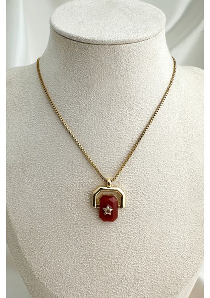 Çelik Altın Rengi Geometrik Nazar Boncuğu Detaylı Taşlı Kolye (40CM)