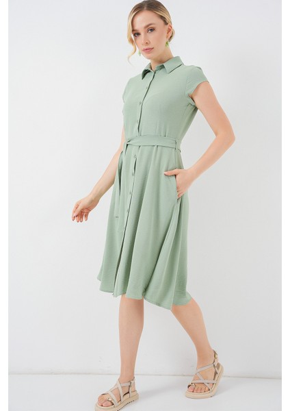 1677 Boydan Düğmeli Kuşaklı Elbise - E.yeşil fırsatları
