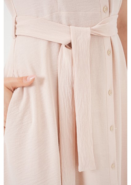 1677 Boydan Düğmeli Kuşaklı Elbise - Krem indirimleri