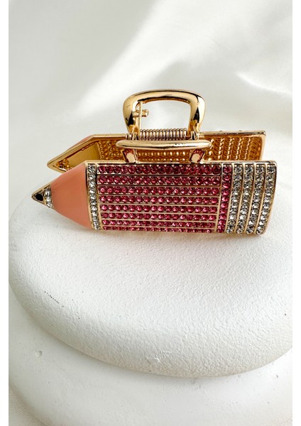 Altın Rengi Taşlı Öğrenci Öğretmen Kıskaç Kalem Toka (8 Cm)