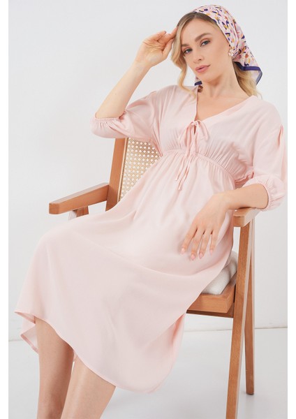 2570 Kadın Beli Büzgülü V Yaka Elbise - Pudra