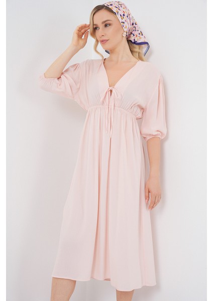 2570 Kadın Beli Büzgülü V Yaka Elbise - Pudra modelleri