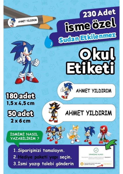 Sonic Temalı Kişiye Özel Isimli Defter Kalem Okul Etiketi, Yırtılmaz Pvc Etiket, Sudan Etkilenmez