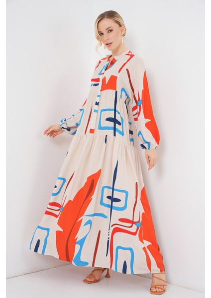 Kadın Desenli Uzun Tesettür Elbise 2585 - Turuncu