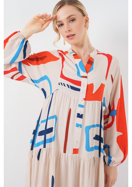 Kadın Desenli Uzun Tesettür Elbise 2585 - Turuncu fiyatları