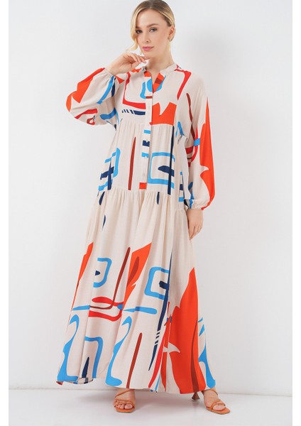 Kadın Desenli Uzun Tesettür Elbise 2585 - Turuncu fırsatları