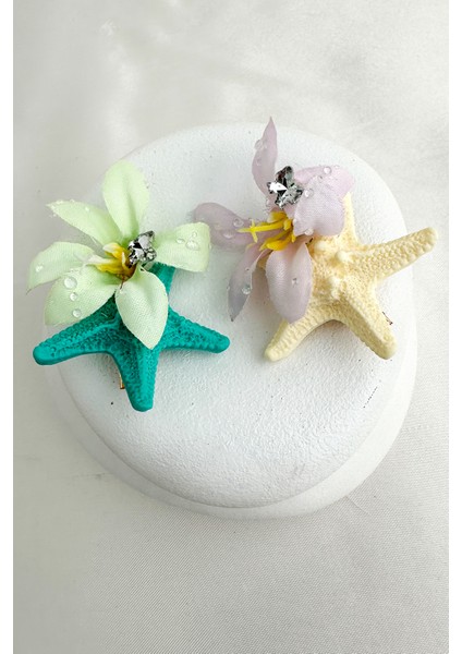 Yeşil Beyaz Deniz Yıldızı Fiyonk Taş Detay Çiçek Ikili Yan Toka(6cm)